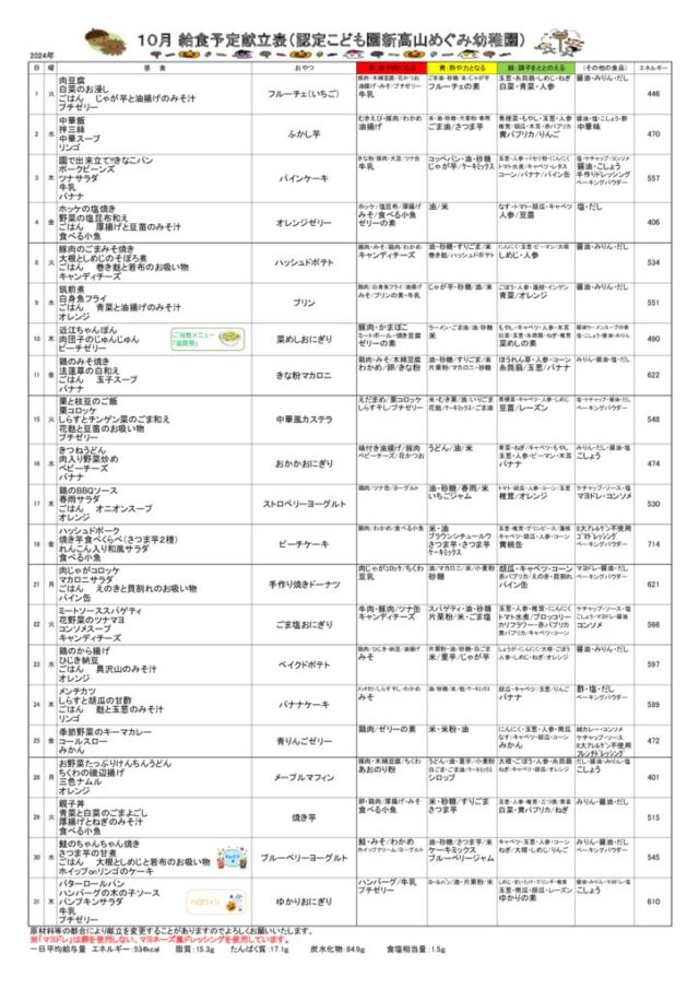 2024年10月の給食の献立のサムネイル