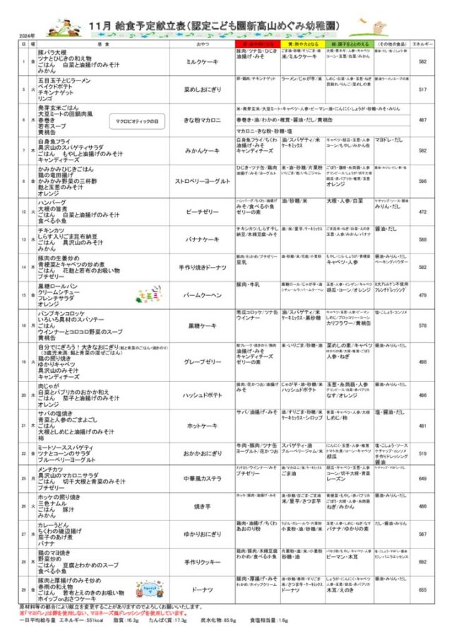 2024年11月の給食の献立のサムネイル