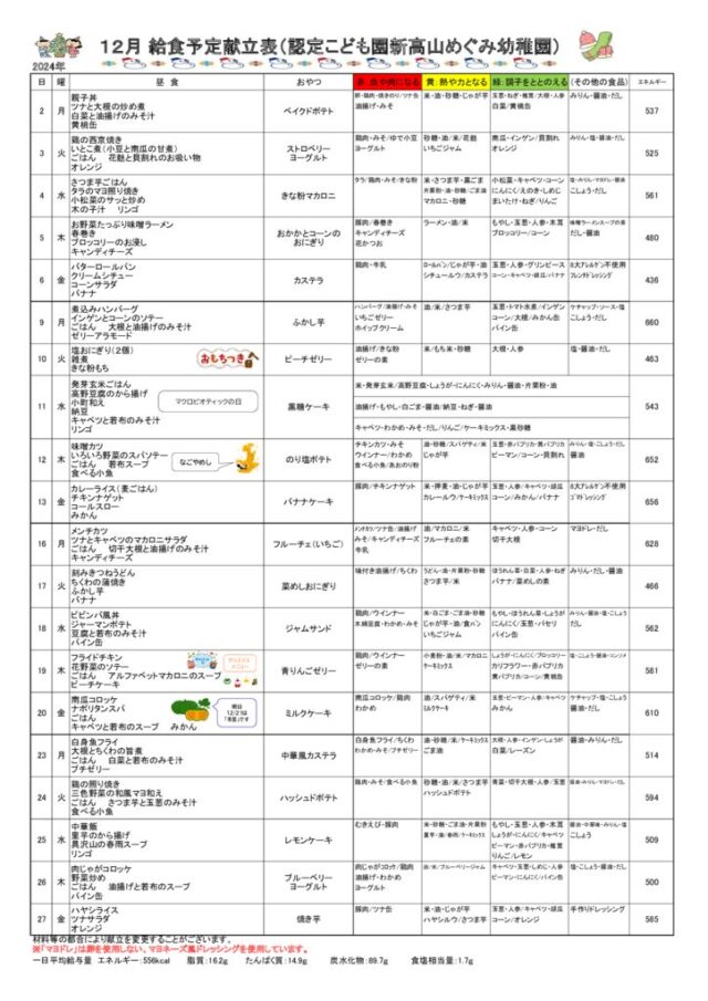 2024年12月の給食の献立のサムネイル