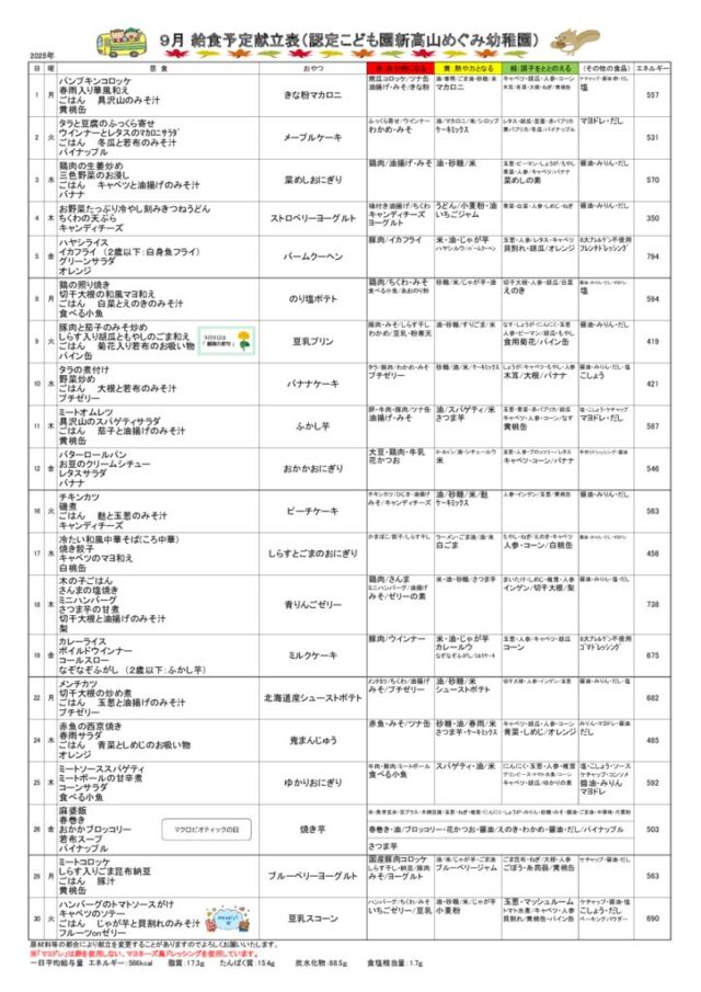 2025年09月の給食の献立aのサムネイル