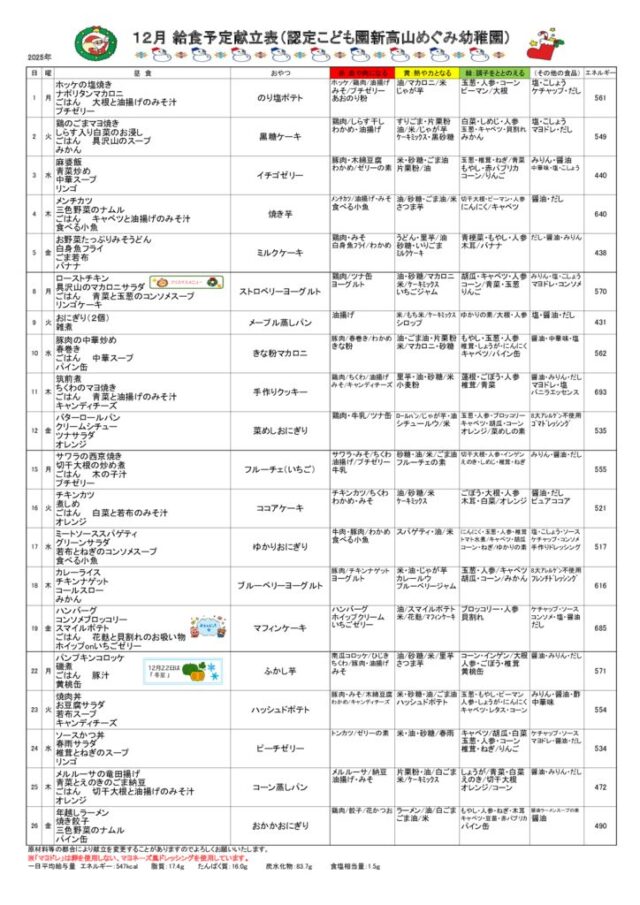 2025年12月の給食の献立のサムネイル
