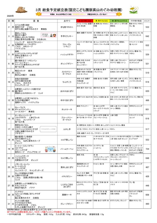 2026年03月の給食の献立のサムネイル