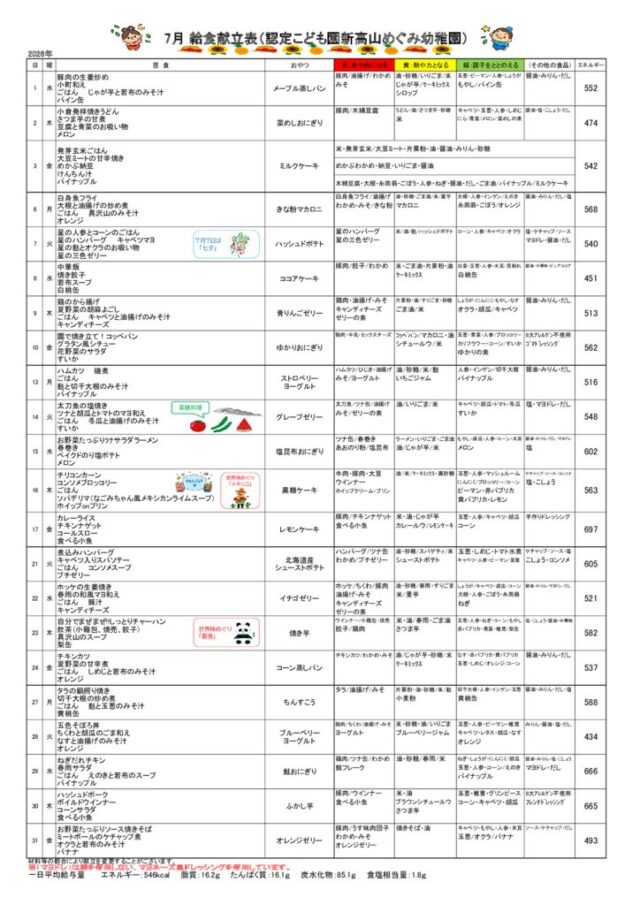2026年07月の給食の献立のサムネイル