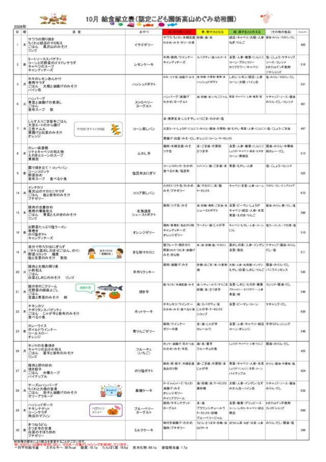 2026年10月の給食の献立のサムネイル
